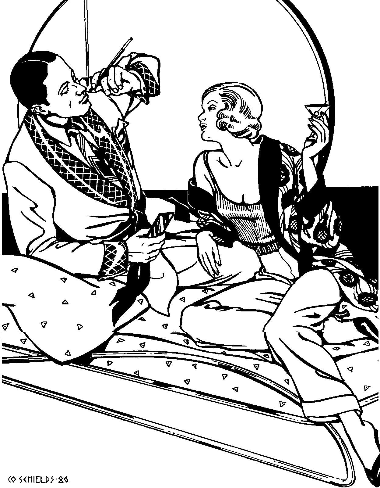 Black and white pen and in drawing by Gretchen Shields. Man and woman lounging, man is wearing Le Smoking Jacket while smoking and woman is drinking a cocktail wearing the Knitted Tan top and Le Smoking Jacket