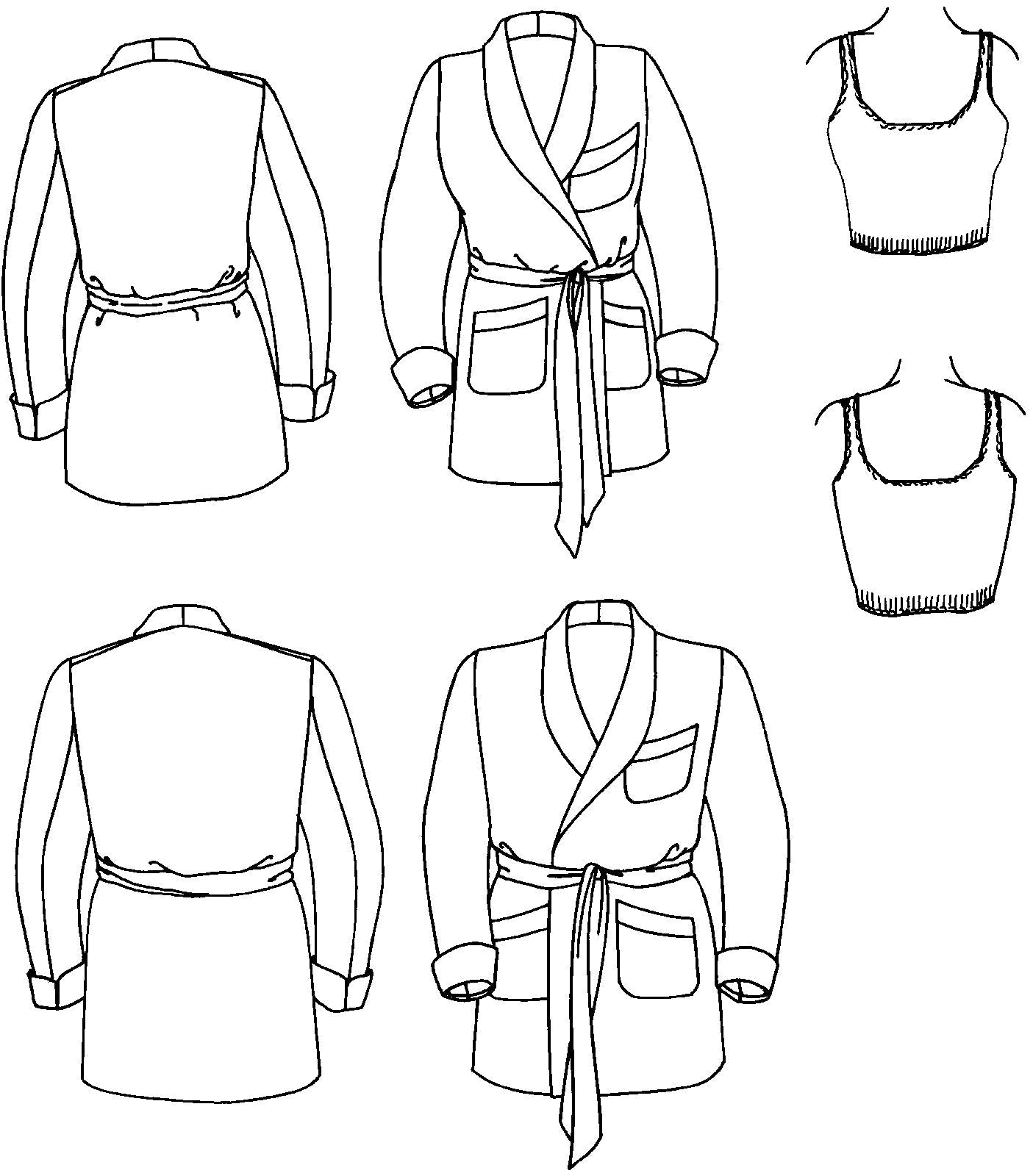 Black and white pattern drawing of front and back view of the men and women's 238 Le Smoking jacket and women's Knitted Tank top.