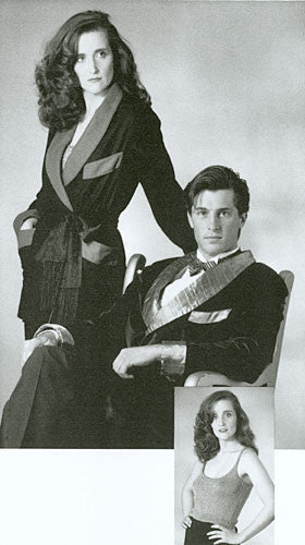 Black and white photo of a woman standing next to a man sitting both wearing 238 Le Smoking Jacket. On the bottom right a woman is standing wearing the knitted tank top.