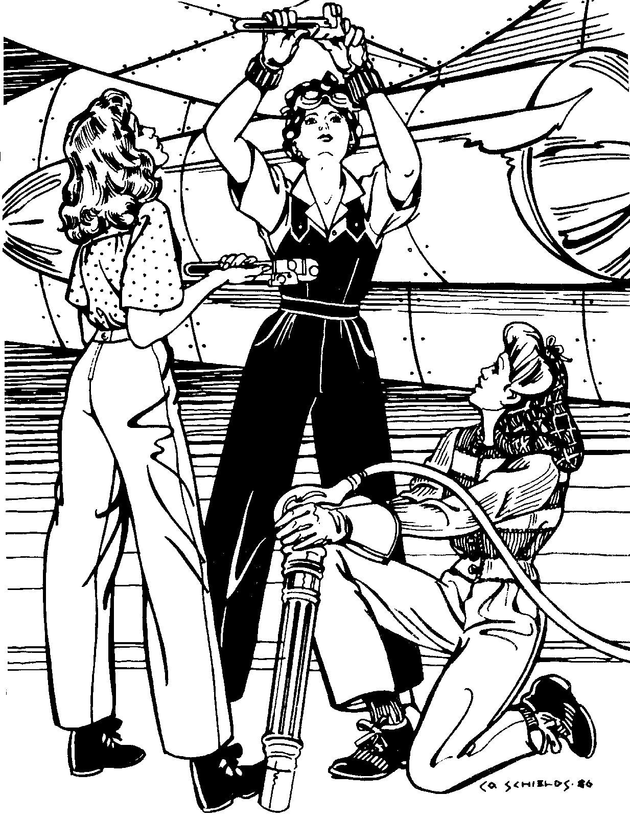 Black and white pen and ink drawing by artist Gretchen Shields. Three women wearing 240 Rosie the Riveter while fixing an airplane