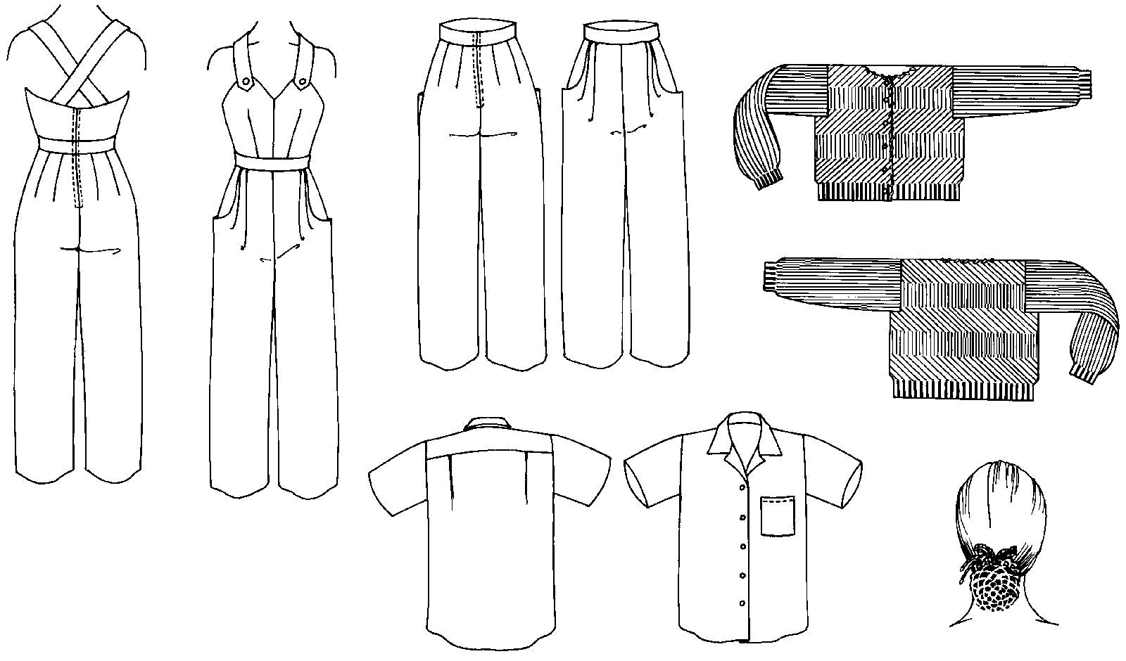 Black and white flat line drawing of front and back view of 240 Rosie the Riveter Overalls, slacks, shirt, and sweater, and snood. 