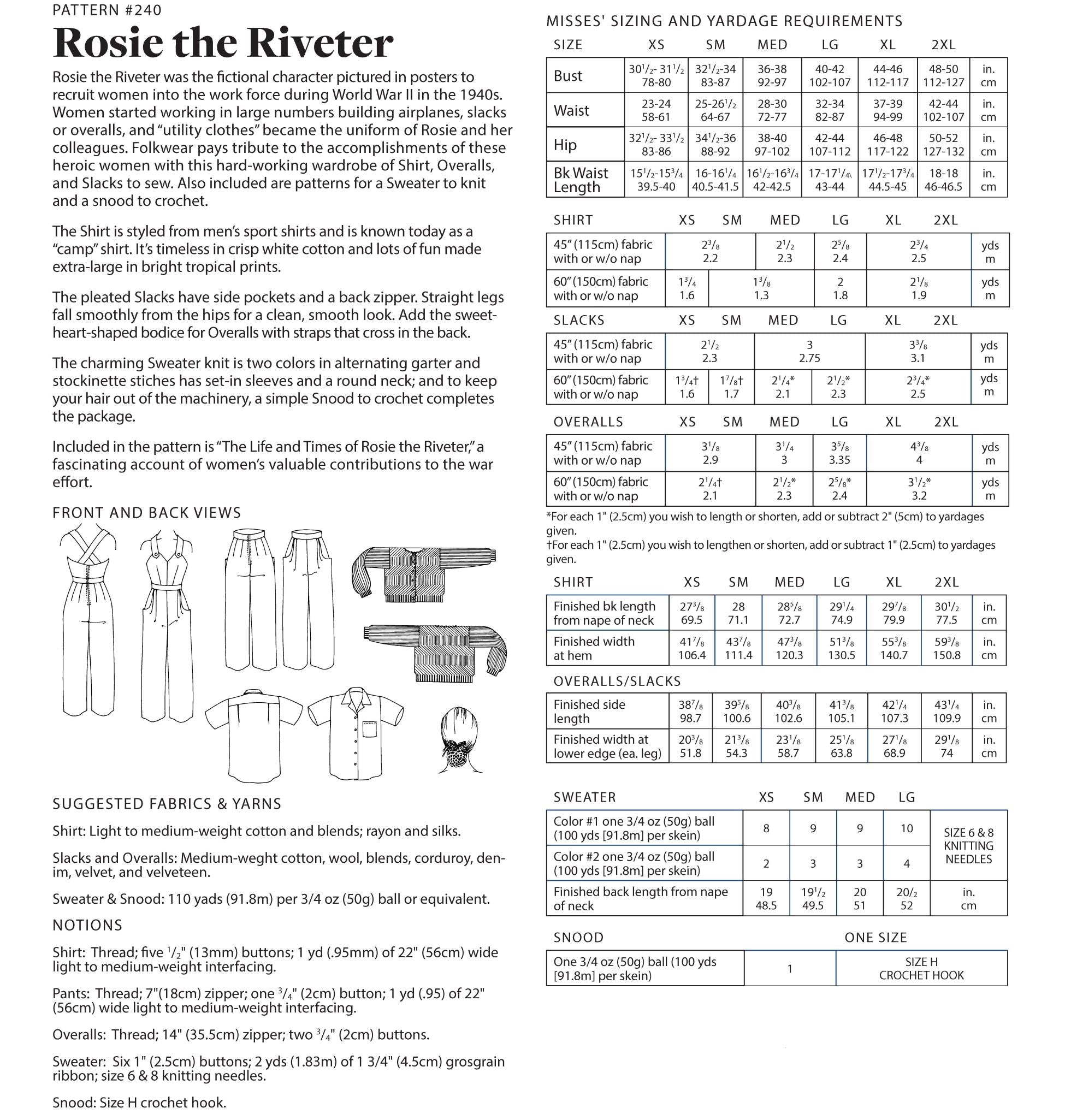 Photo of back cover shows size and yardage chart.  Includes fabric suggestions and description.