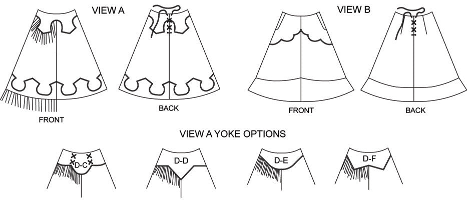 Black and white flat line drawings of front and back view of View A and View B and View A yoke options