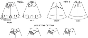 Black and white flat line drawings of front and back view of View A and View B and View A yoke options