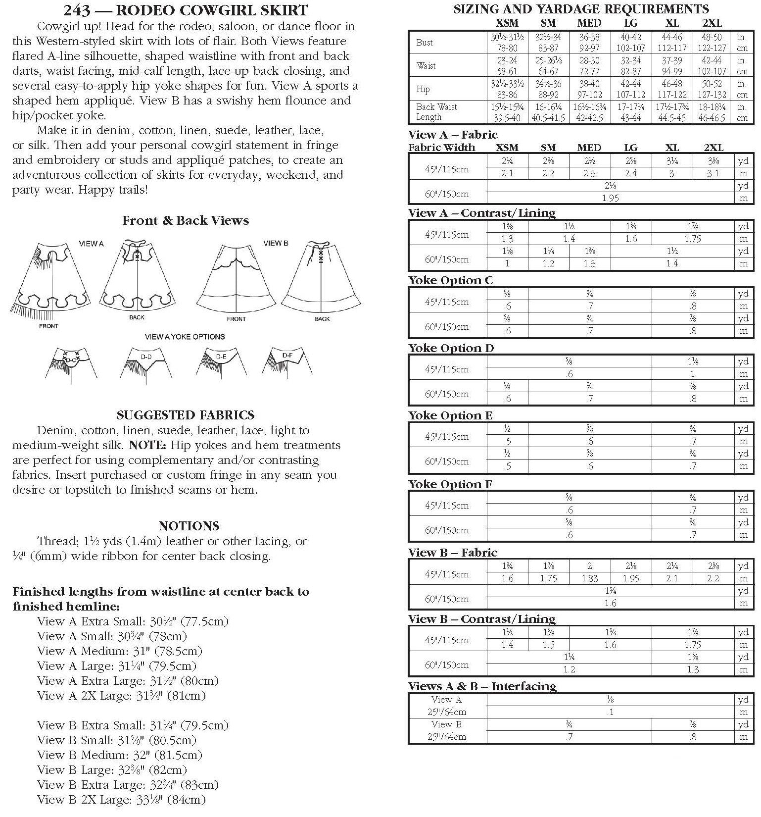 Photo of back cover shows size and yardage chart.  Includes fabric suggestions and description.