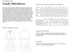 Photo of back cover shows size and yardage chart.  Includes fabric suggestions and description.