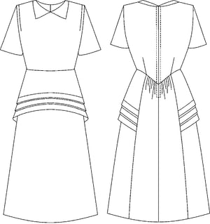 Flat line drawings of view A front and back.  View A features round neck with collar points and peplum cleverly cut on the straight grain but with the slimming look of a bias cut.