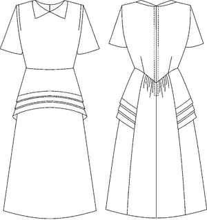Flat line drawings of view A front and back.  View A features round neck with collar points and peplum cleverly cut on the straight grain but with the slimming look of a bias cut.
