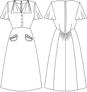 Flat line Drawings of front and back views of View B. View B is more casual, with buttoned front, flounce collar and sleeves, and eyelash pockets.
