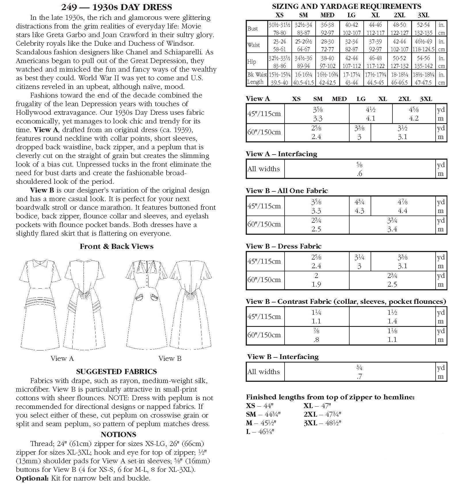 Photo of back cover with sizing chart.  Description of the two views and fabric suggestions.