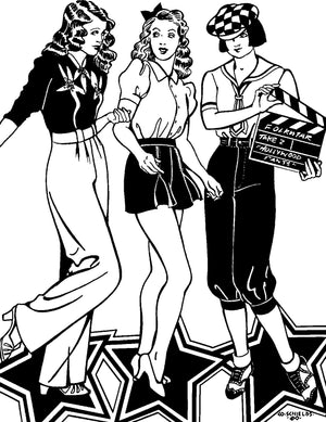 Black and white pen and ink drawing by artist Gretchen Shields. Three women one wearing the knicker, trousers and shorts of the 250 Hollywood Pants. standing on stars. On women is holding a film clapboard 