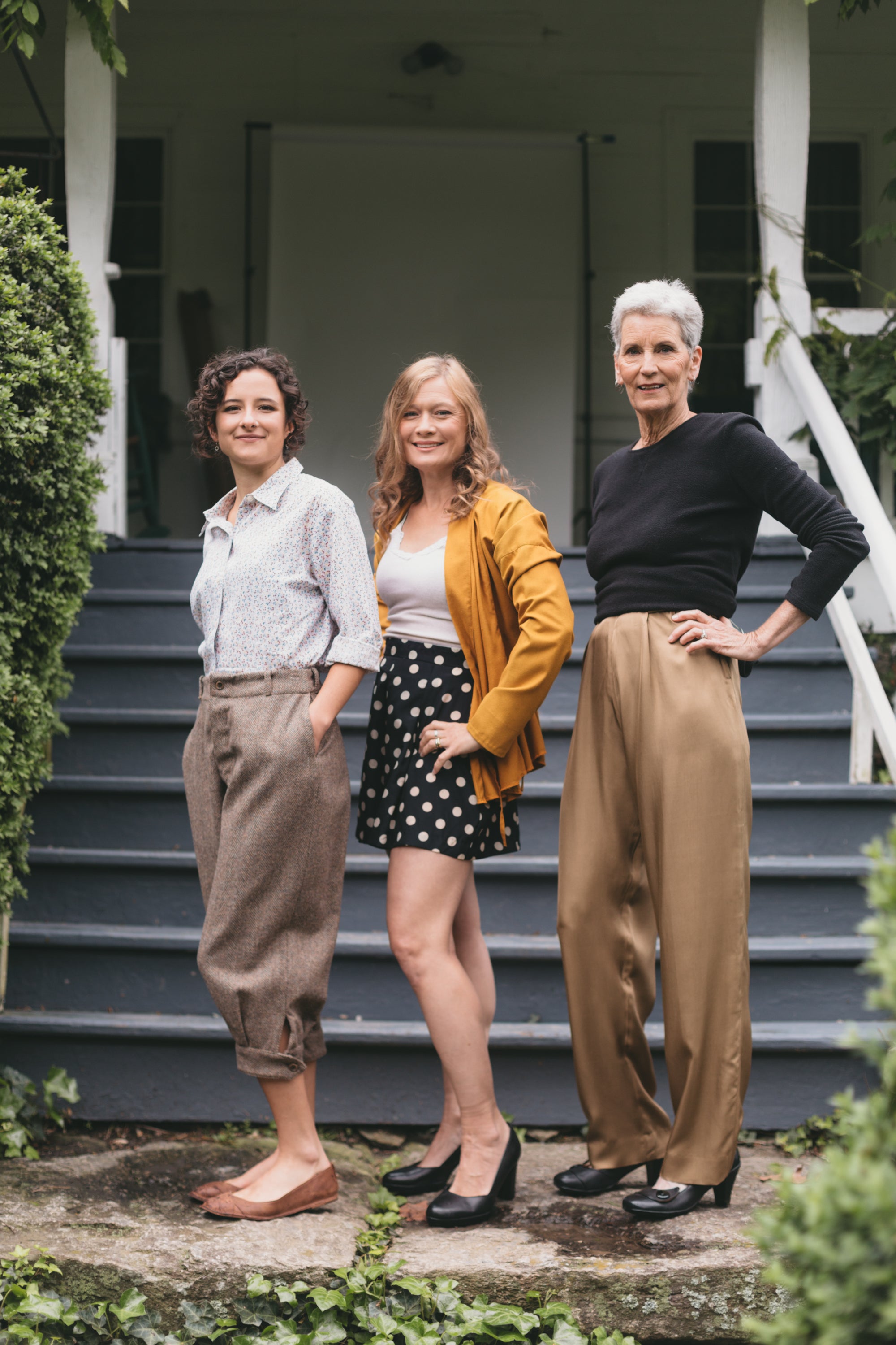 Three women, two young women and an older woman wearing the 250 Hollywood pants, one wearing knickers, trousers and shorts