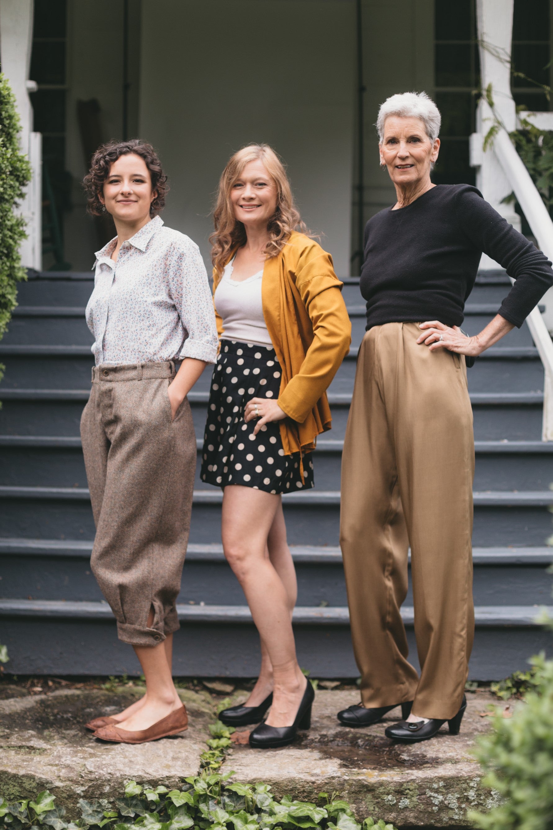 Three women, two young women and an older woman wearing the 250 Hollywood pants, one wearing knickers, trousers and shorts