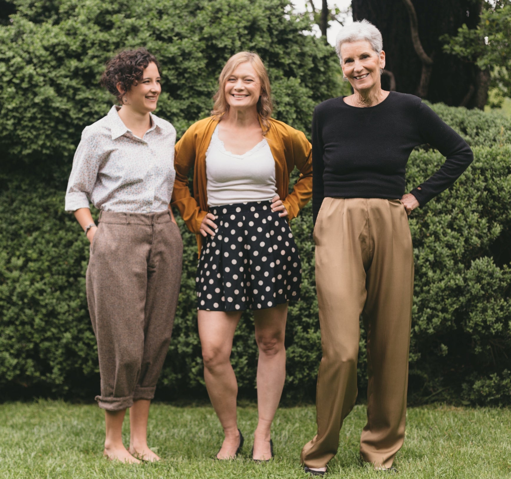 Three women, two young women and an older woman wearing the 250 Hollywood pants, one wearing knickers, trousers and shorts