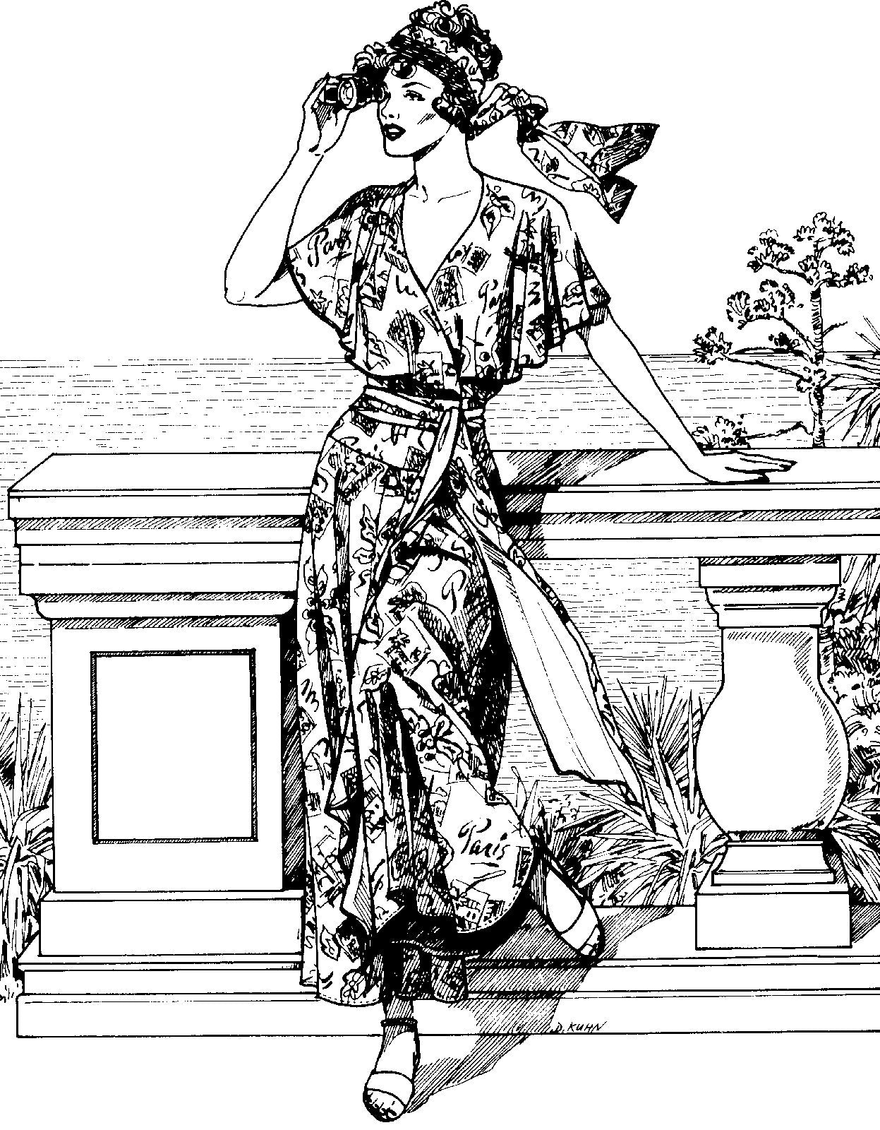 Pen and ink drawing by artist D.Kuhn.  Picture of a woman standing against railing with water in the background wearing beach pyjamas.