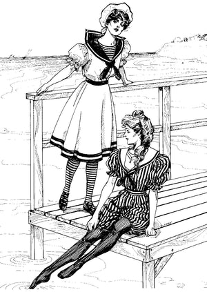 Black and white pen and ink drawing by artist Gretchen Shields. Two women one standing holding onto the railing the other sitting and dipping her toe in the water both wearing the 253 Vintage Bathing Costume.