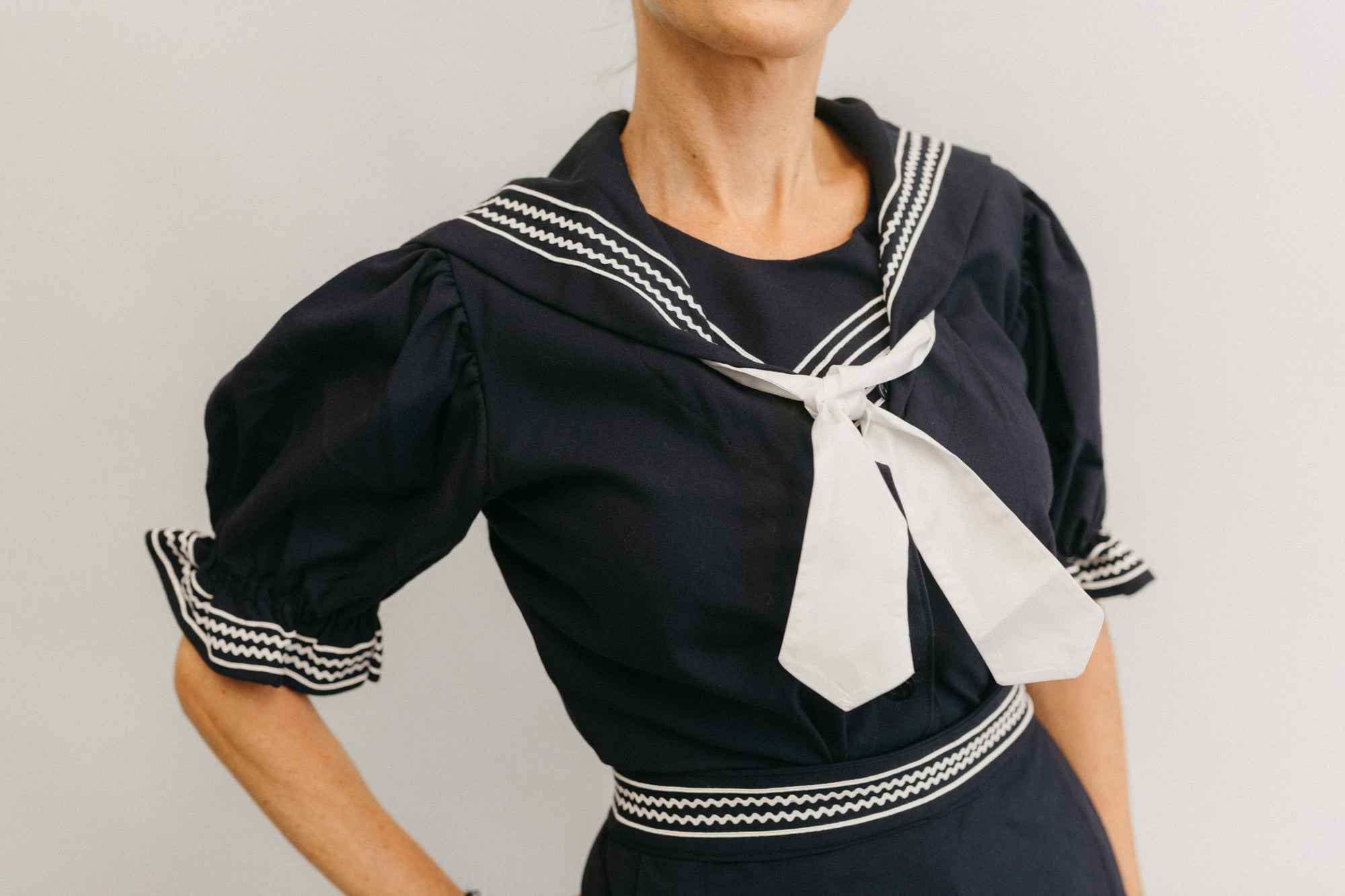 Close up of the 253 Vintage Bathing Costume top with a contrasting tie scarf.