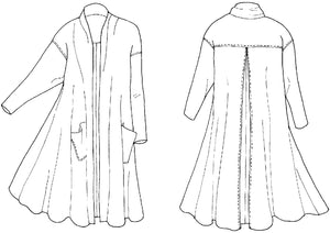 Black and white flat line drawing of front and back view of 254 Swing Coat