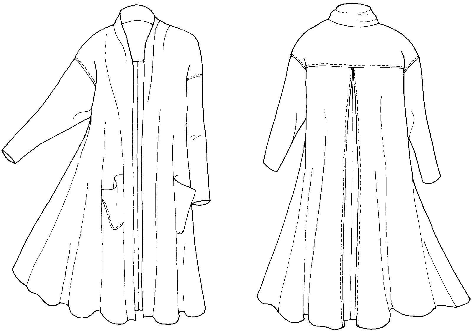 Black and white flat line drawing of front and back view of 254 Swing Coat