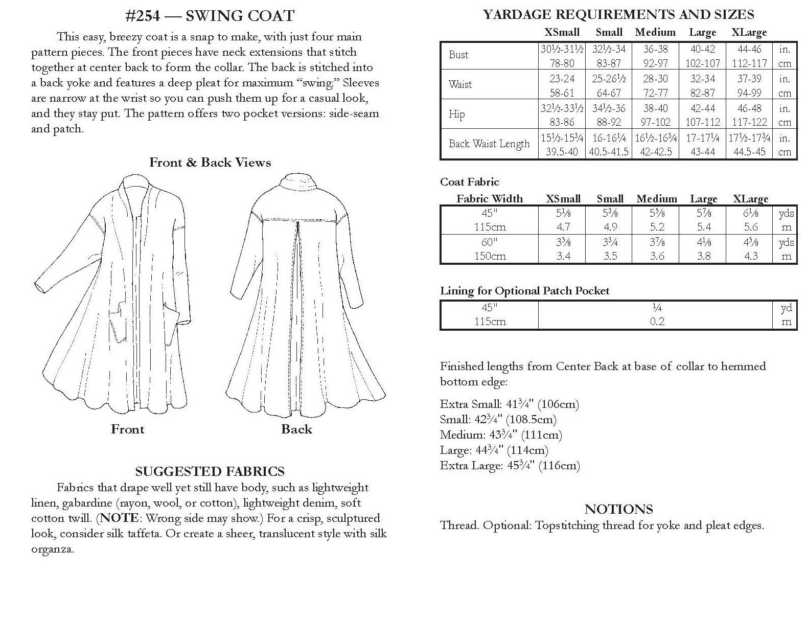 back of pattern envelope with description, line drawings, fabric suggestions, and sizing chart