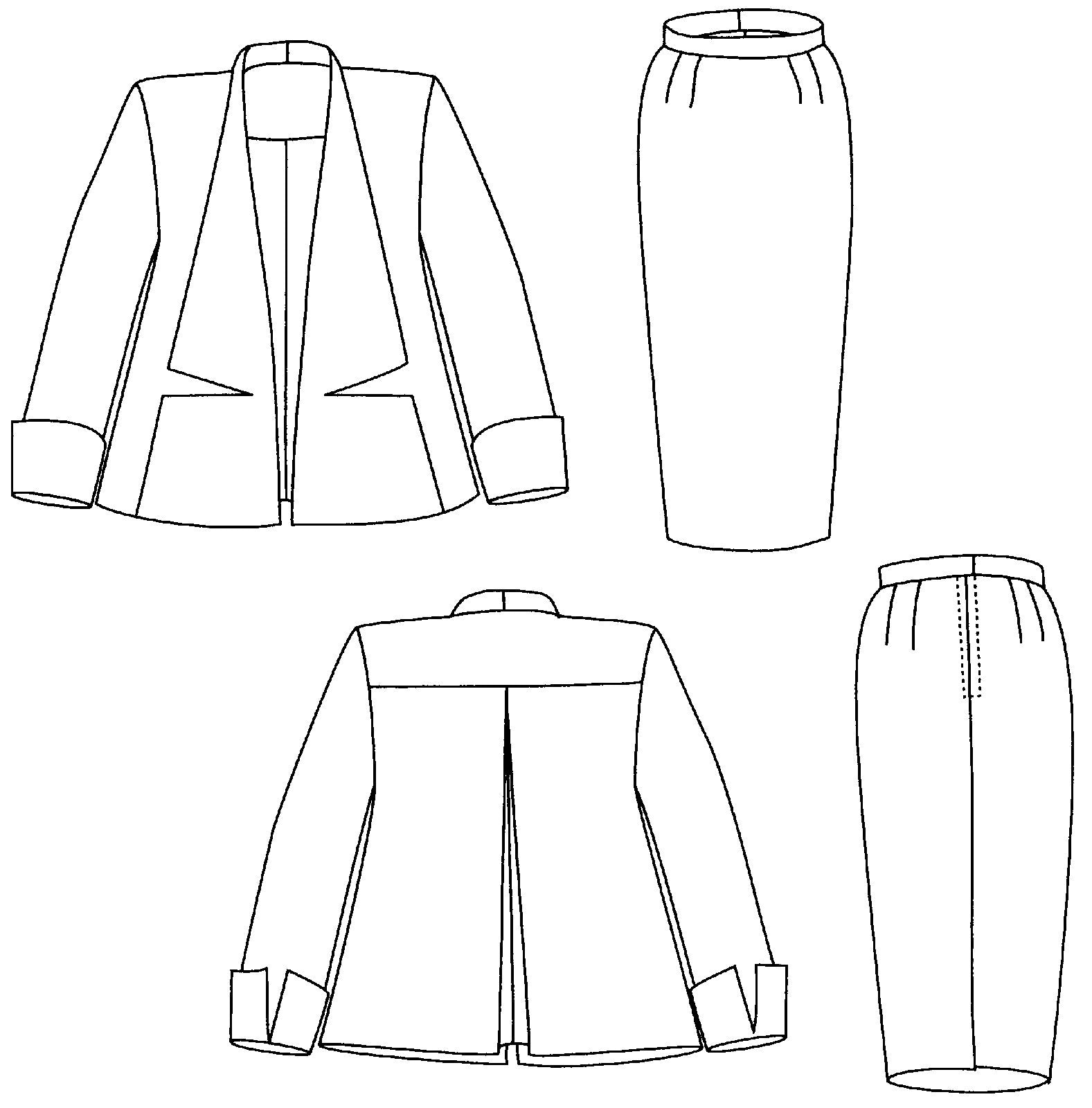 Black and white pattern drawing of back and front view of #255 Swing Suit, Trapeze Jacket and pencil skirt.