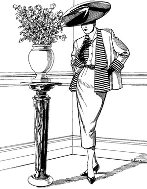 Black and white pen and ink drawing by artist Gretchen Shields. Woman standing next to a podium with a vase full of flowers wearing #255 Swing Suit with a hat.