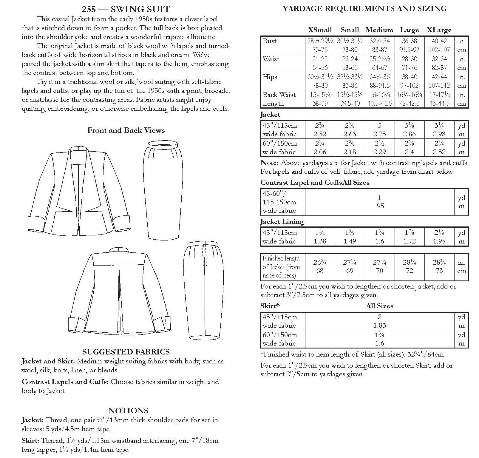 back of pattern envelope with description, line drawings, fabric suggestions, and sizing chart