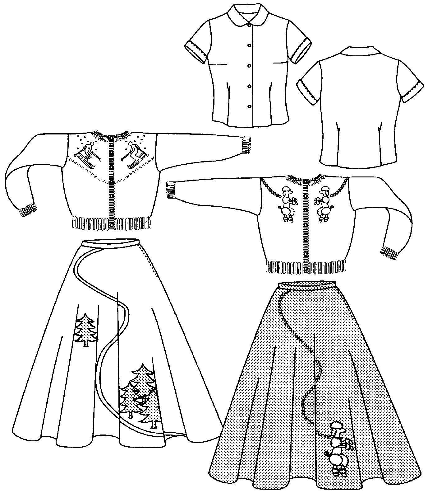 Black and white pattern drawing of the #256 At The Hop  front and back view of the blouse and front view of the skirt and the sweater with a poodle design and an alpine design. 