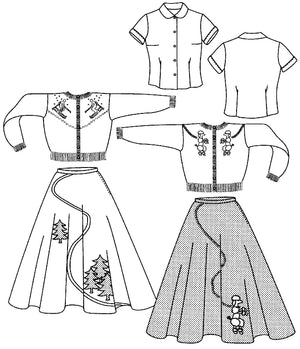 Black and white pattern drawing of the #256 At The Hop  front and back view of the blouse and front view of the skirt and the sweater with a poodle design and an alpine design. 