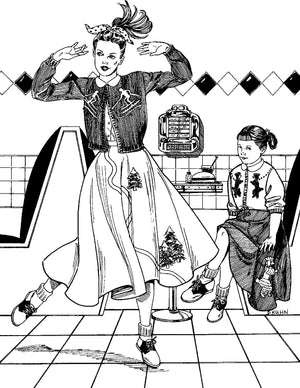Black and white pen and ink drawing by artist Gretchen Shields.  A woman and girl at a diner, the woman on the left is hopping and the girl is sitting down. Both of them are wearing #256 AT The Hop Skirt, Blouse and Sweater.