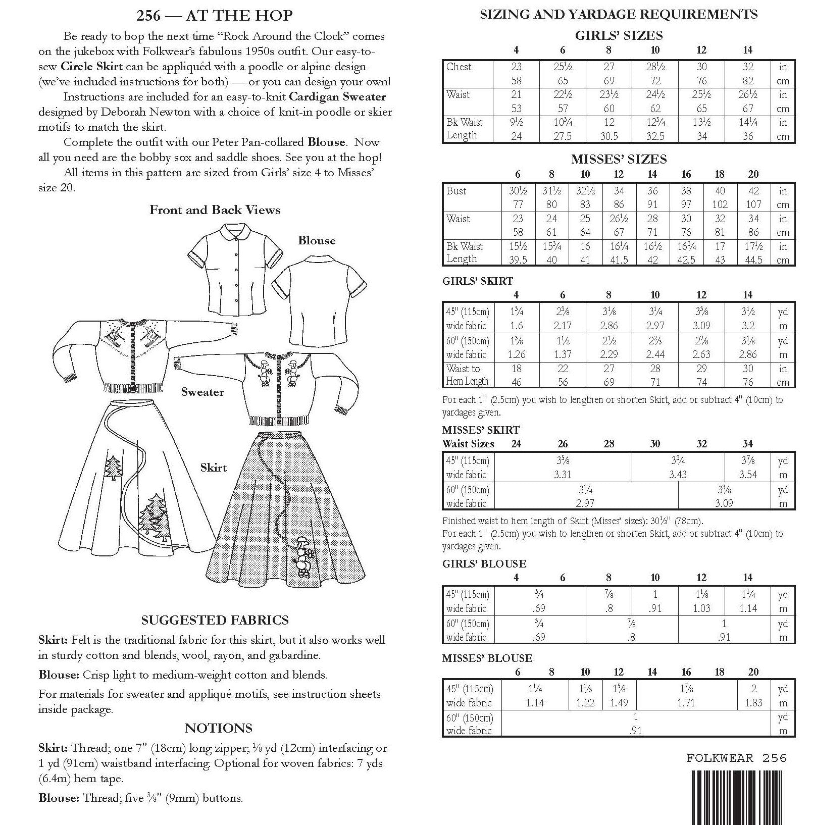 back of pattern envelope with description, line drawings, fabric suggestions, and sizing chart