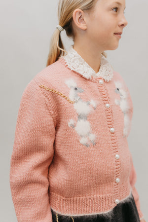 close up of young blonde girl wearing the At The Hop sweater with poodle and alpine applique design.
