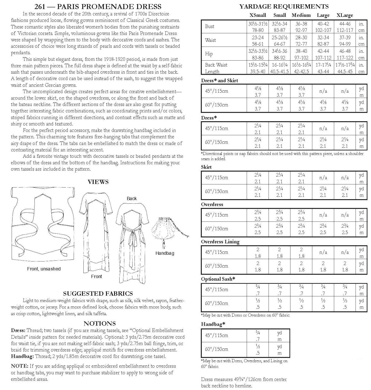 back of pattern envelope with description, line drawings, fabric suggestions, and sizing chart