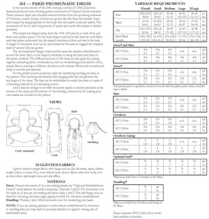 back of pattern envelope with description, line drawings, fabric suggestions, and sizing chart