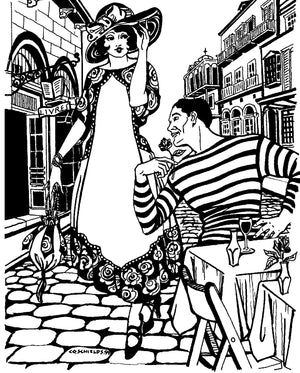 Pen and Ink drawing by artist Gretchen Shields.  A woman walking on a cobbled street surrounded by buildings on wither side, wearing the #261 Paris Promenade Dress, a hat and holding the draw-string bag in her hand, there is a man on right sitting by a table with a glass of wine holding a flower to his face to give to her.