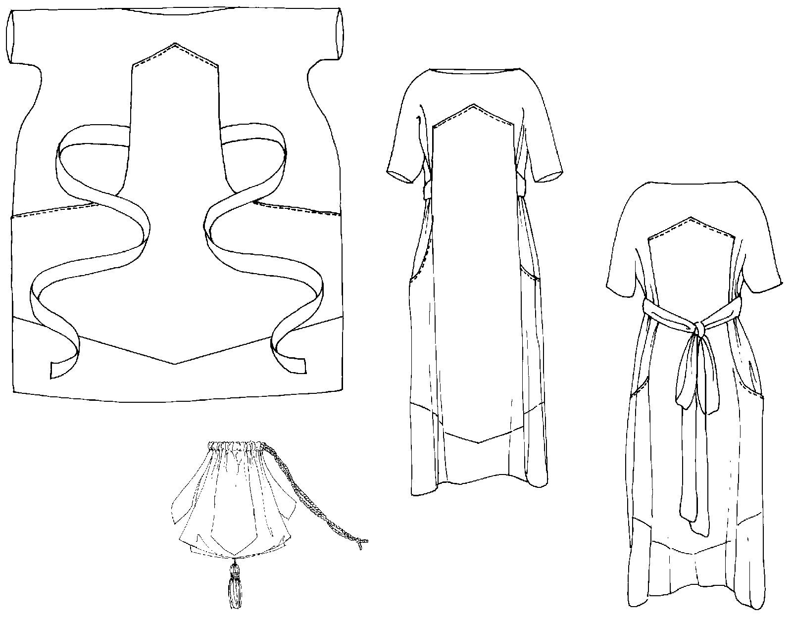 Black and White pattern drawings of the front and back view of the #261 Paris Promenade Dress, the attached bib shaped overdress, and the drawstring handbag.  