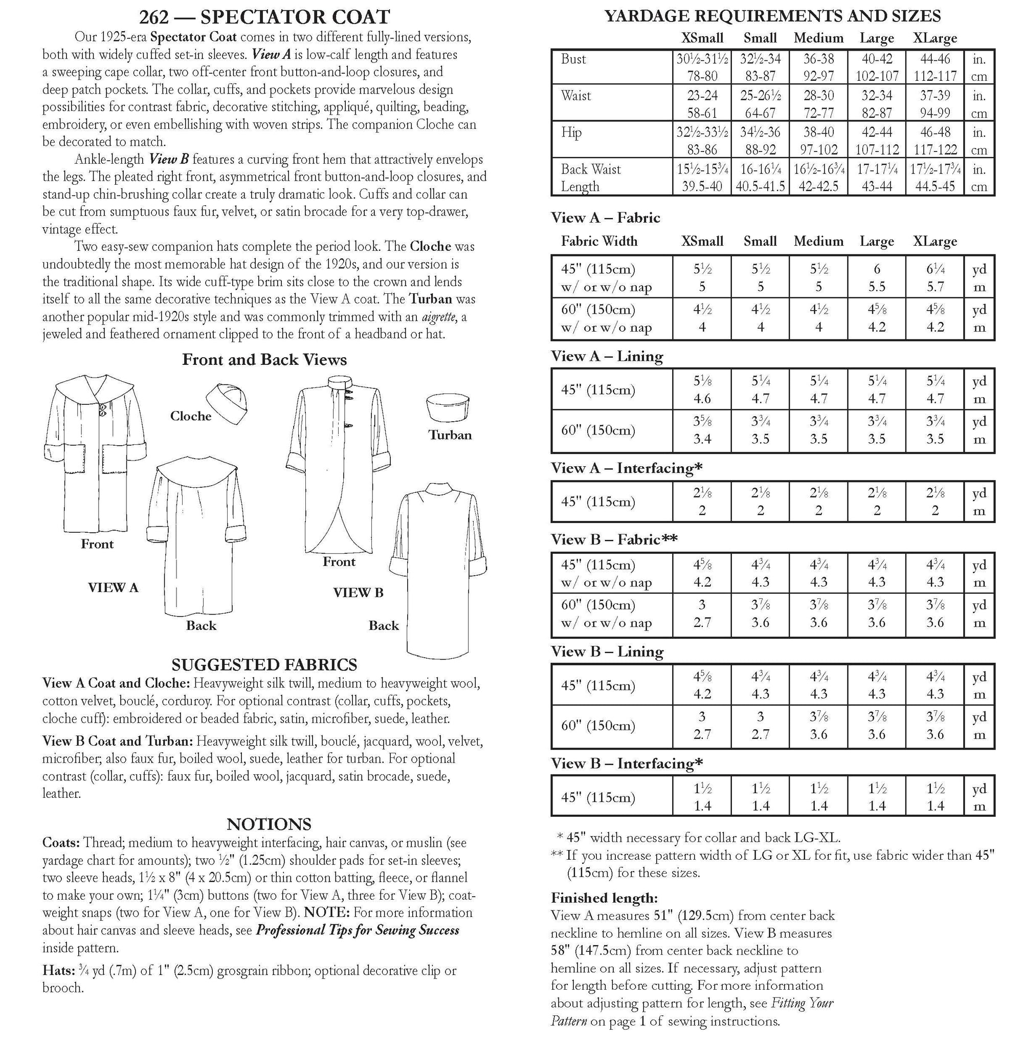 back of pattern envelope with description, line drawings, fabric suggestions, and sizing chart