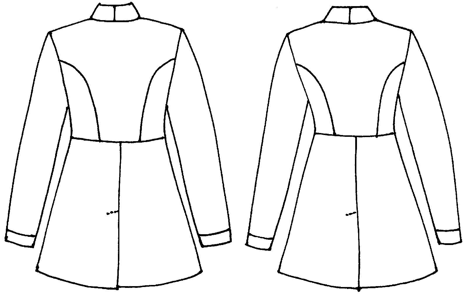 Black and white Pattern drawing of the back view of the man and woman's Countryside Frock Coat.
