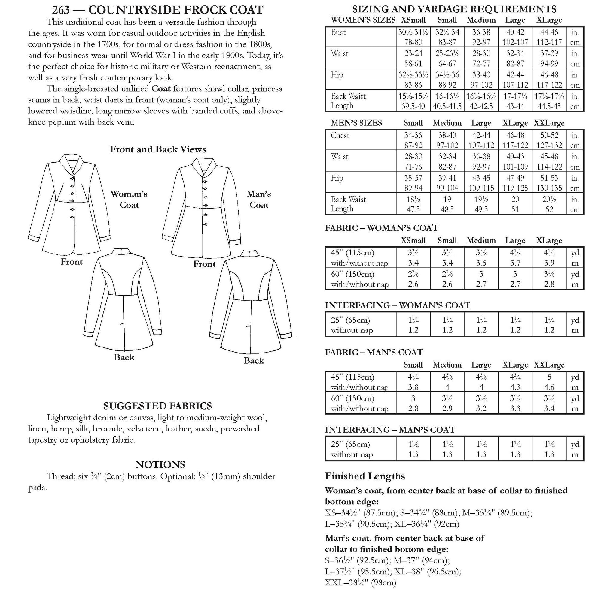 back of pattern envelope with description, line drawings, fabric suggestions, and sizing chart