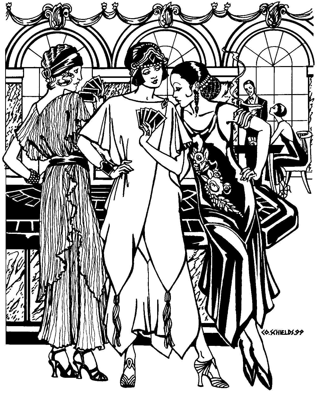 Black and white pen and ink drawing by artist Gretchen Shields. Three women, woman on the left back facing viewer holding cards wearing the Monte Carlo Dress V- Neck Tunic, woman in the center wearing the crossover tunic, woman on the right wearing the Monte Carlo Dress showing the center woman her cards .