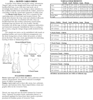 back of pattern envelope with description, line drawings, fabric suggestions, and sizing chart