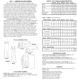 back of pattern envelope with description, line drawings, fabric suggestions, and sizing chart