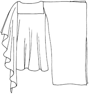 Black and White pattern drawing of the front view of #255 Greek Island Dress Tunic with the right arm showing the free-floating sleeve panel. 