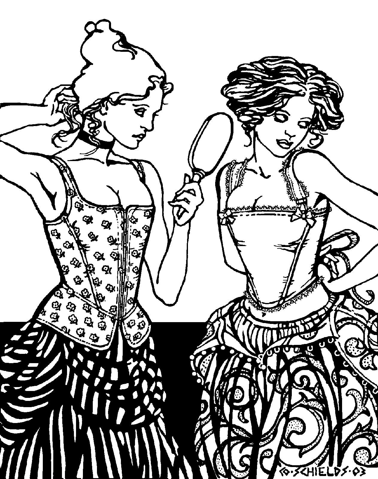 Black and white pen and ink drawing by artist Gretchen Shields.  Two women wearing the #267 Lady's Corset,, woman on the right is looking in a hand held mirror, woman on the right is tying her corset