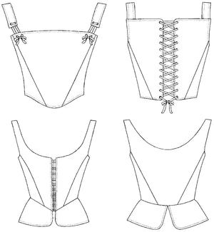 Black and white pattern drawings on the front and back view of the Square neck and Scoop neck of the #267 M" Lady's Corset.