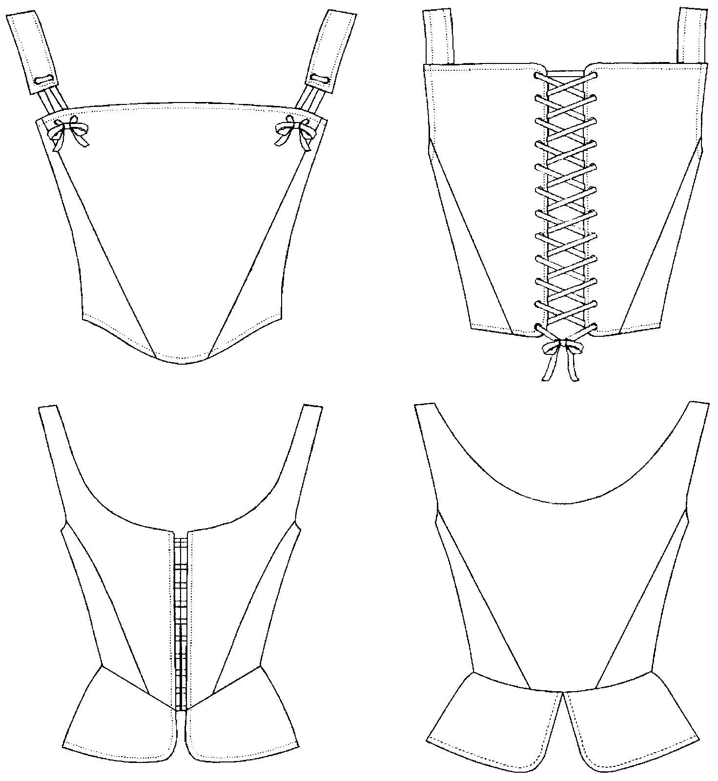 Black and white pattern drawings on the front and back view of the Square neck and Scoop neck of the #267 M" Lady's Corset.
