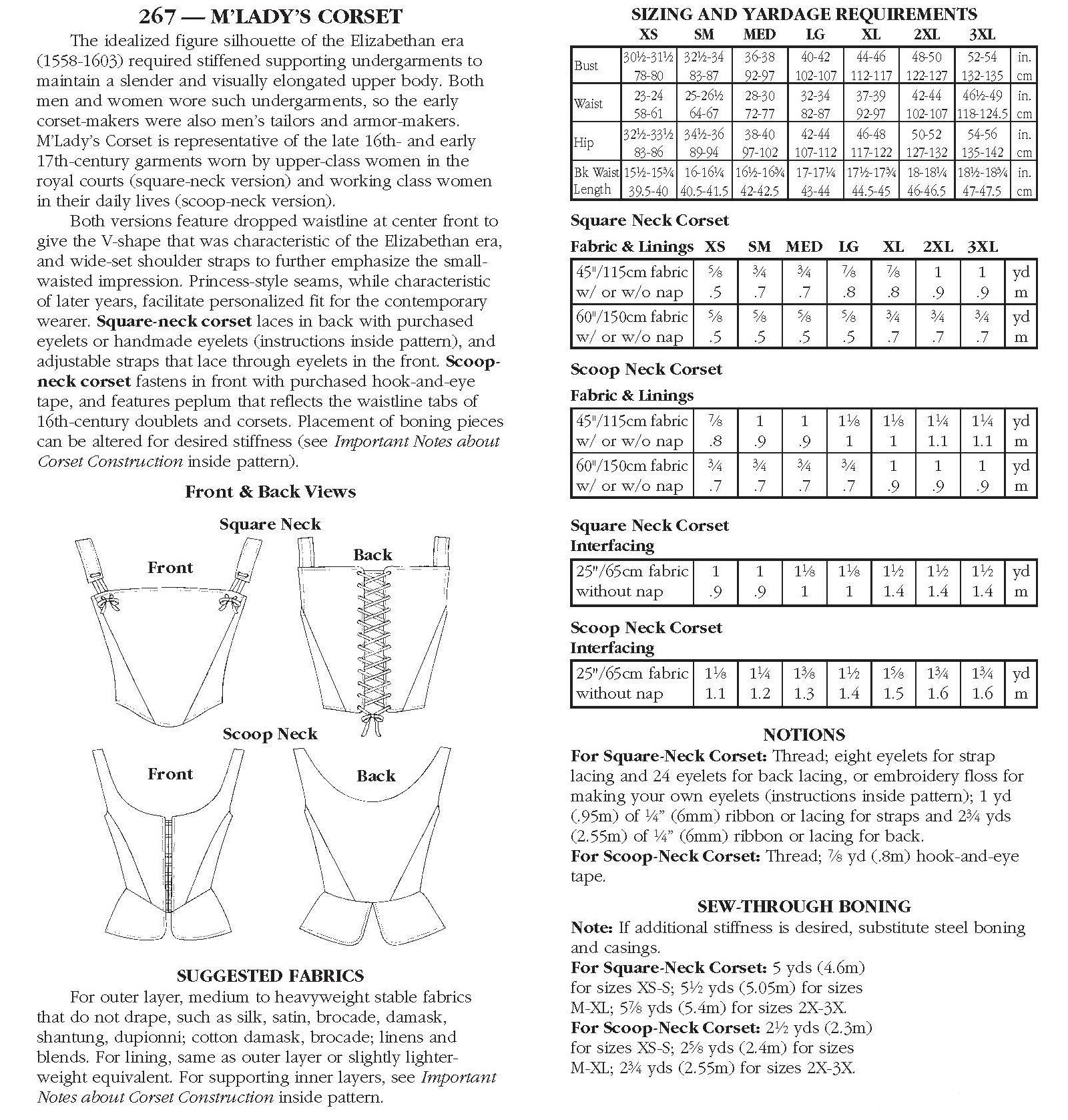 back of pattern envelope with description, line drawings, fabric suggestions, and sizing chart