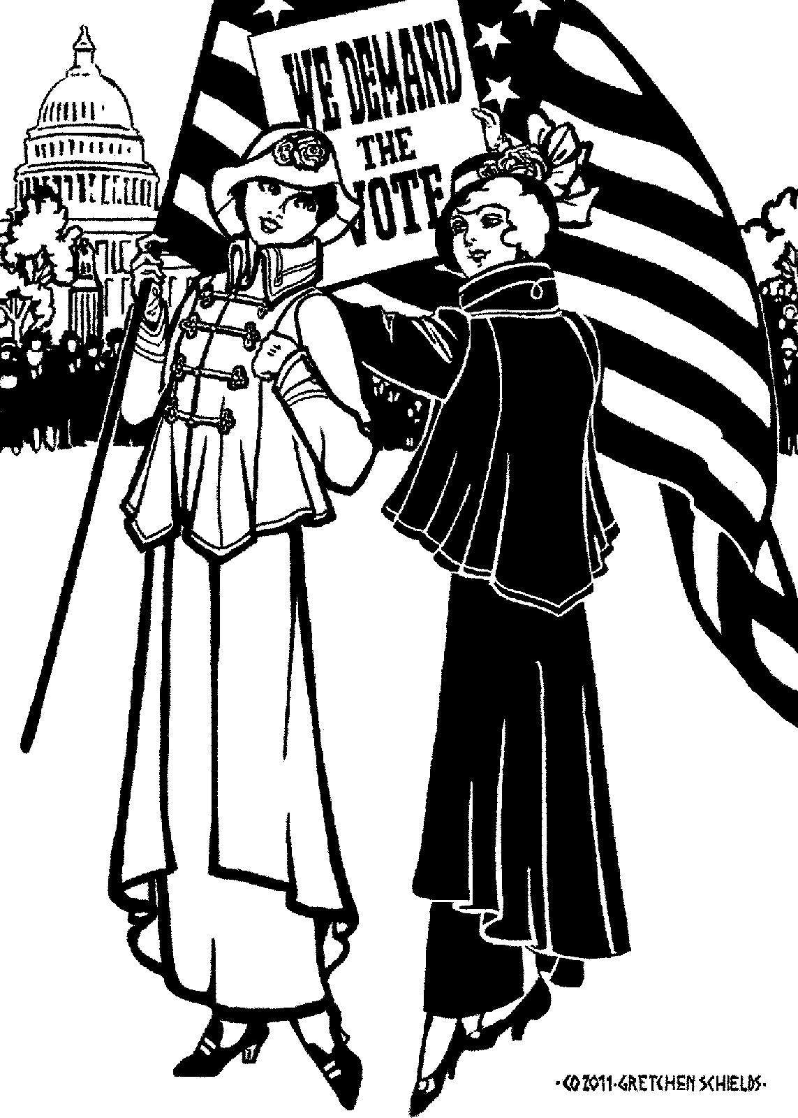Black and white pen and ink drawing by artist Gretchen Shields. Two women both wearing the #268 Metropolitan Suit and hats. Woman on the left is facing front holding an American flag. The woman on the right, her back is turned holding  "We demand the vote sign."