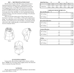 back of pattern envelope with description, line drawings, fabric suggestions, and sizing chart