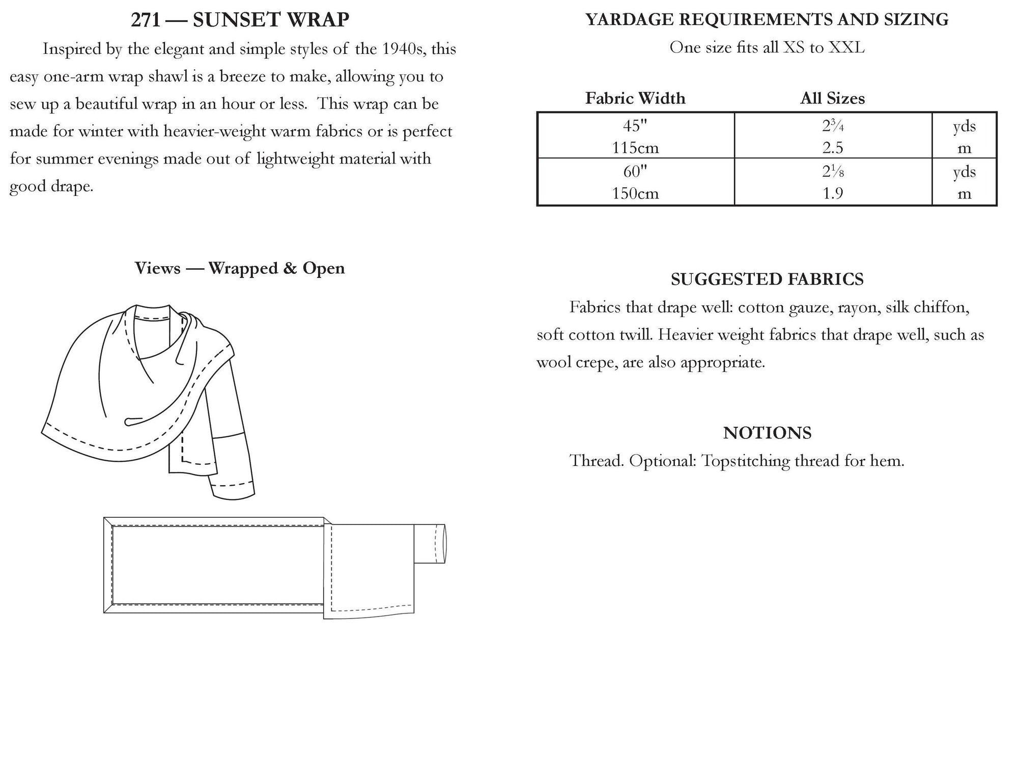 back of pattern envelope with description, line drawings, fabric suggestions, and sizing chart